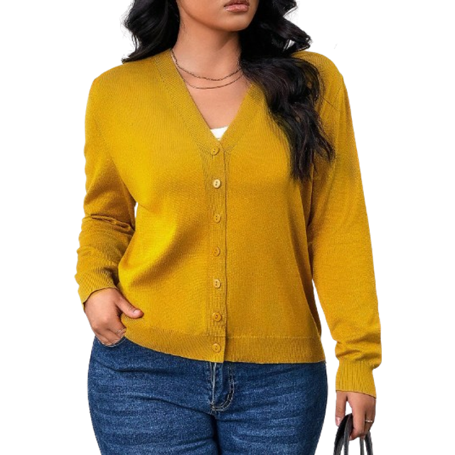 Plus Size Enfärgad Button Down Casual långärmad stickad cardigan, för vintern - Gul (0XL,1XL,2XL,3XL,4XL)