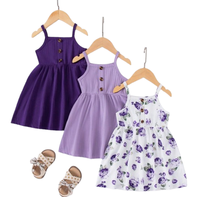 SHEIN 3pcs Baby Girls Floral Print Solid Ribbed Button Camisole Dress Set