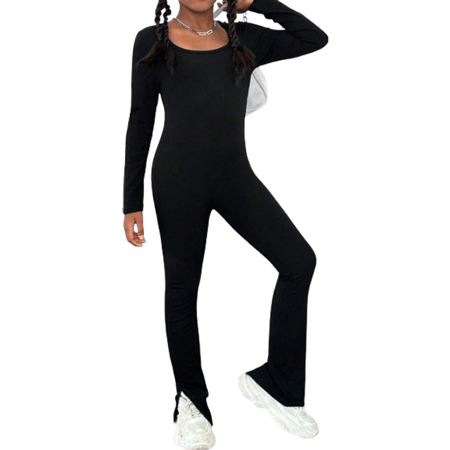 SHEIN 1pc Tween Girl Black Ribbed Long Sleeve Jumpsuit, Fashionable Streetwear For Sports And Yoga