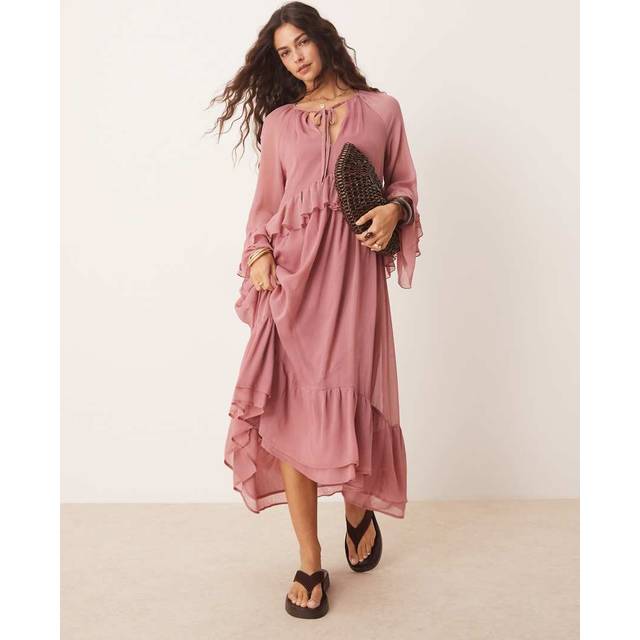 New Look Women's Pink Ruffle Trim Chiffon Midi Dress - UK 16
