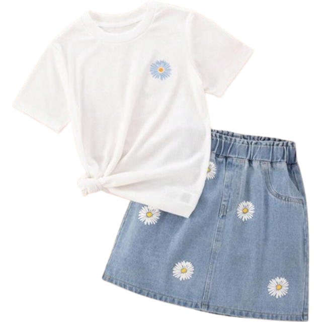 SHEIN Tween Girl Daisy Printed T-Shirt & Denim Skirt 2pcs/Set, School, Campus, College