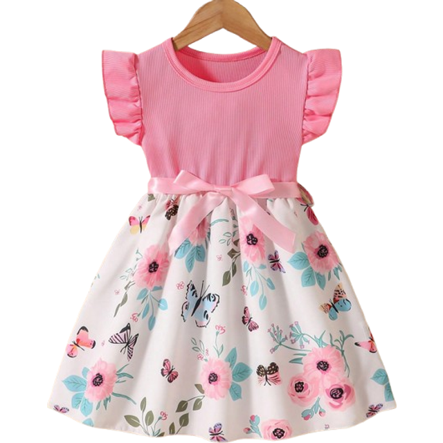SHEIN Young Girl New Summer Cute Floral And Butterfly Printed Casual Dress With Short Sleeves