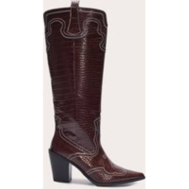 Burgundy Croc Pu Point Toe Western Stitch Knee High Block Heeled Boots, Red - 4