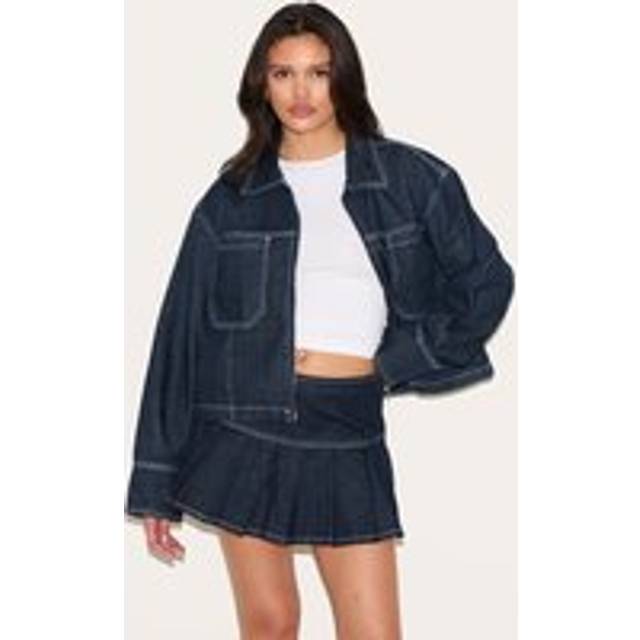 Dark Indigo Contrast Stitch Pleated Denim Mini Skirt, Dark Indigo - 10