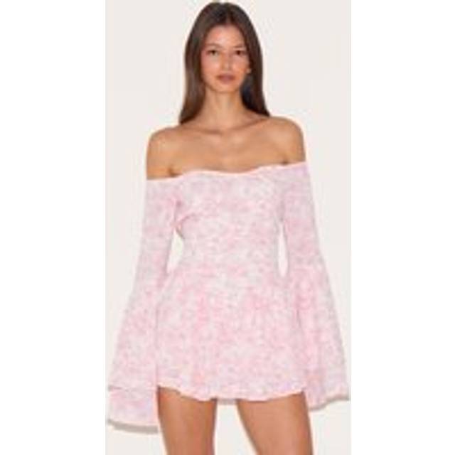 Pink Ditsy Print Bardot Flare Sleeve Playsuit, Pink - 10