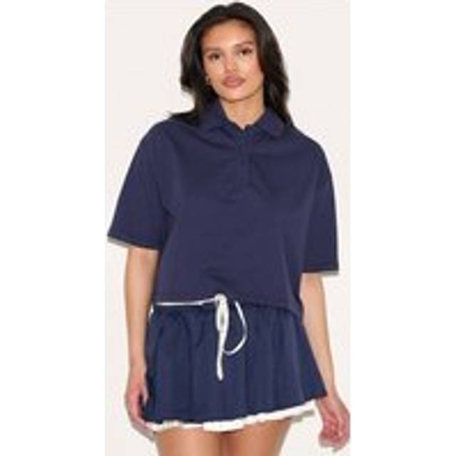 Navy Oversized Short Sleeve Polo Top, Blue - 4