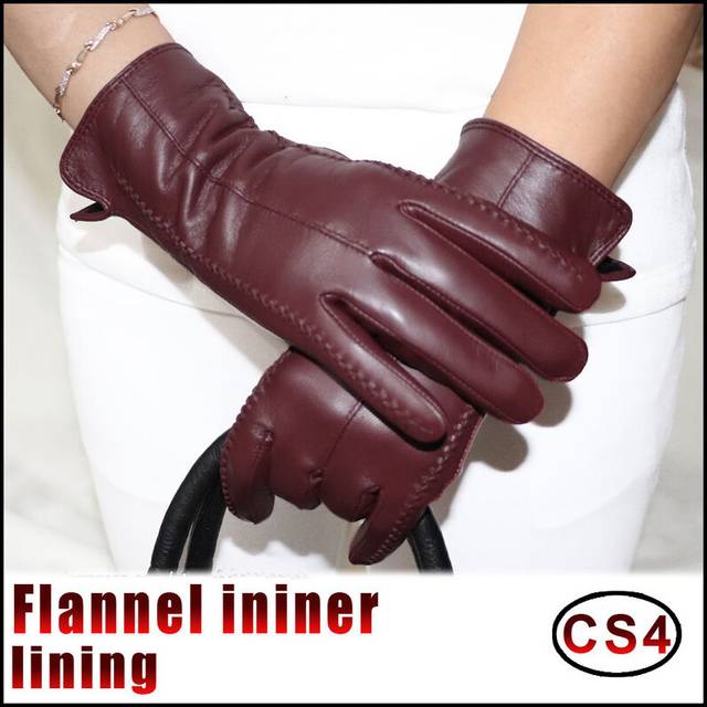 (8 1/2, CS4 Winw red color) Leather gloves women's sheepskin flannel lining warm in autumn and winter