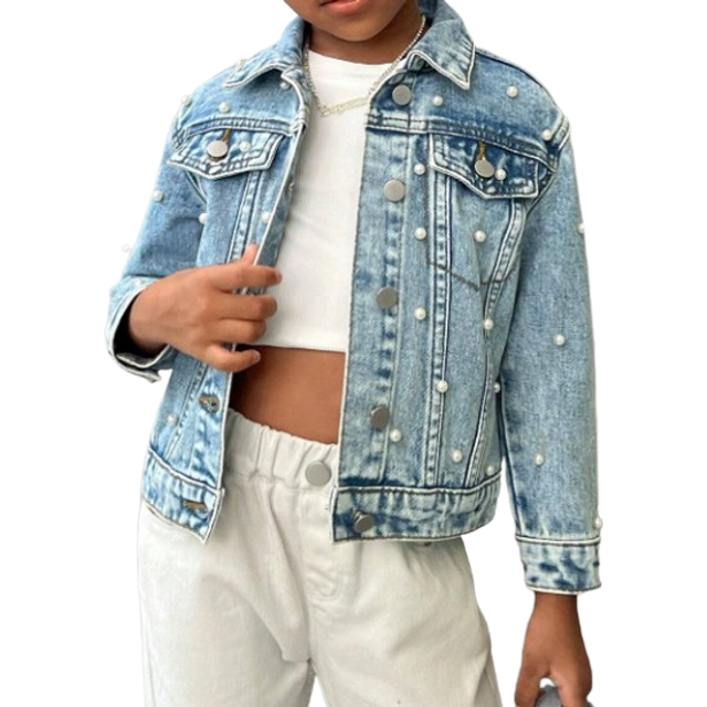 SHEIN Young Girl Cool Floral Embroidered Beaded Elegant Denim Jacket