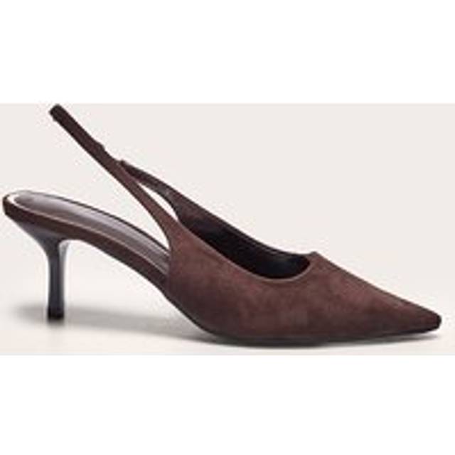 Chocolate Faux Suede Point Toe Sling Back Mid Heeled Courts, Chocolate - 8