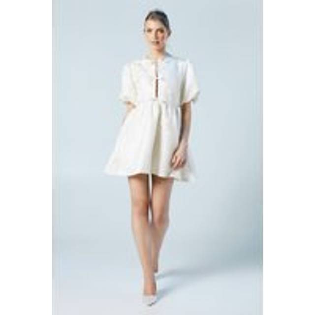 Puff Sleeve Jacquard Bow Front Mini Bridal Dress - Ivory - 16,14,12,10,8,6