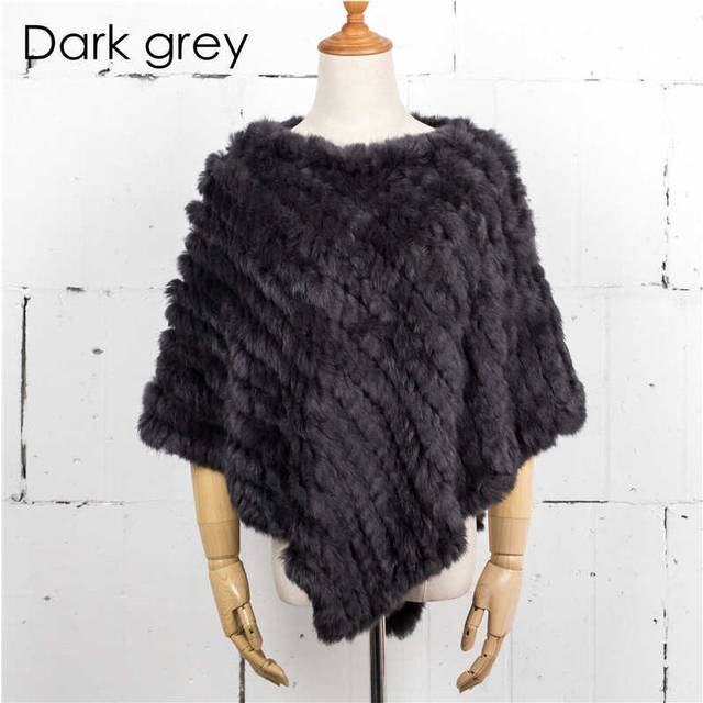 (Dark grey, One Size) Women Knit Rabbit Fur Shawl Poncho Cape Robe Tippet Wrap Female Girl Warm Coat Jakcet CK701