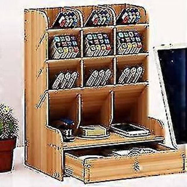 (As show, One size) Desktop Storage Box Multifunction Supply Stationery Solid Wood Pen Holder Storage Rack Compale With Table,organization