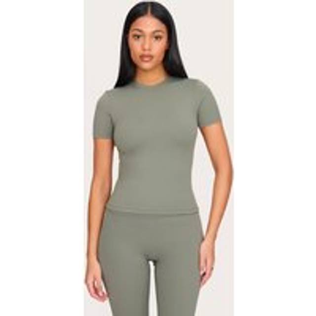 Tall Olive Sculpt Longline Short Sleeved Gym Top, Green - XS