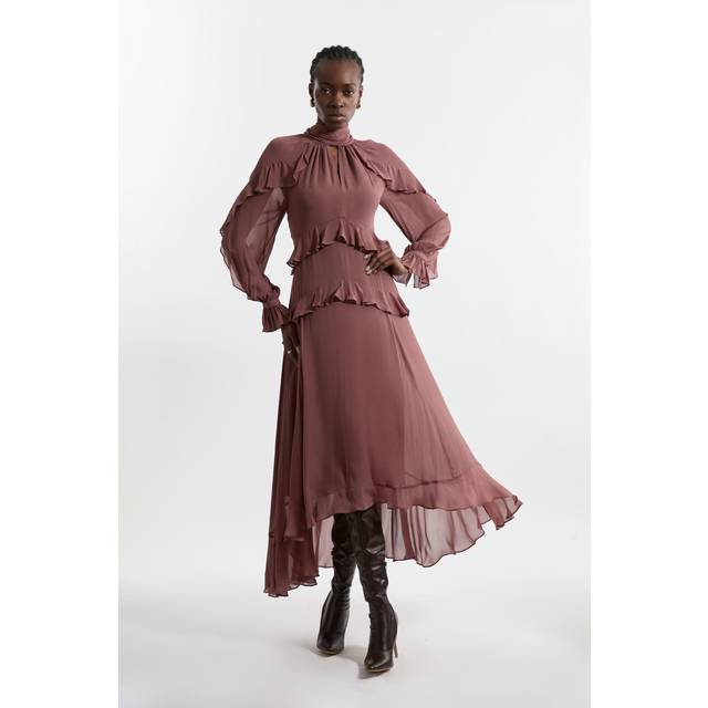 Viscose Georgette Ruffle Detail Drama Woven Maxi Dress - Pink