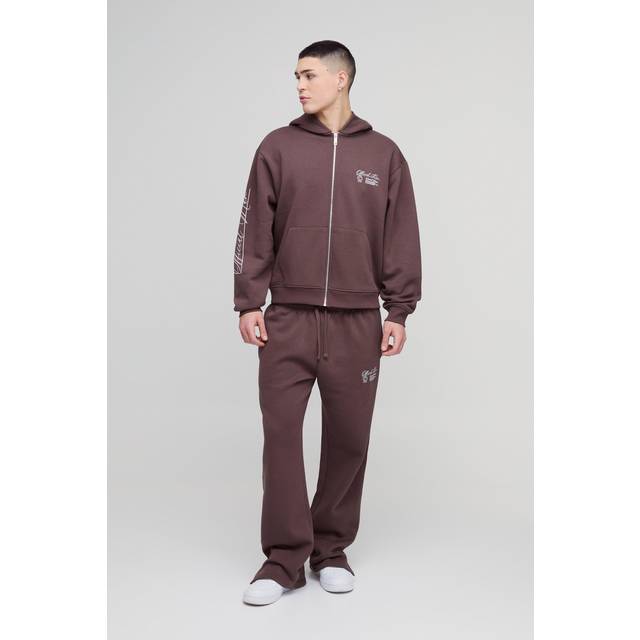Oversized Boxy Official Man Zip Hooded Tracksuit - Brown - M