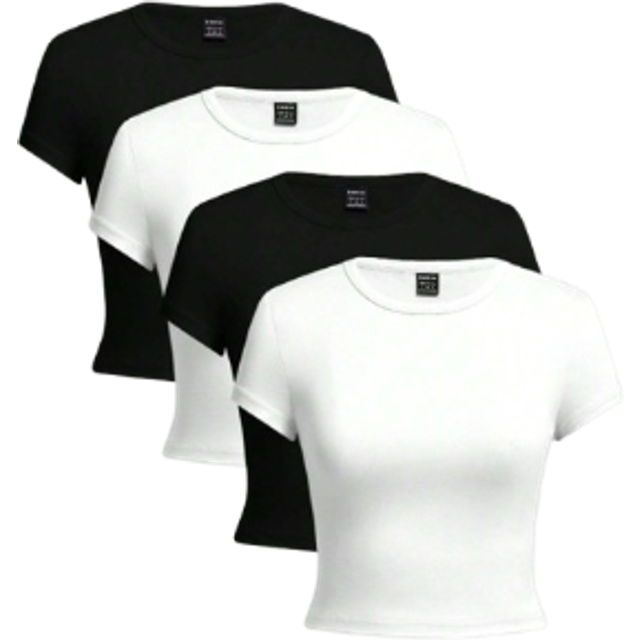 SHEIN Casual Minimalist Black & White Round Neck Short Sleeve Women&#39;s Slim Fit T-Shirt, Suitable For Summer