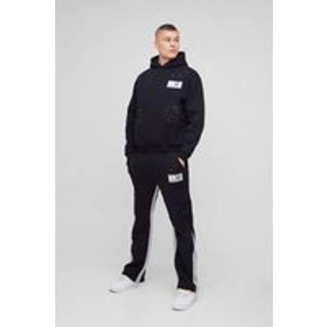 Oversized Boxy Man Paint Splatter Gusset Hooded Tracksuit - Black - M