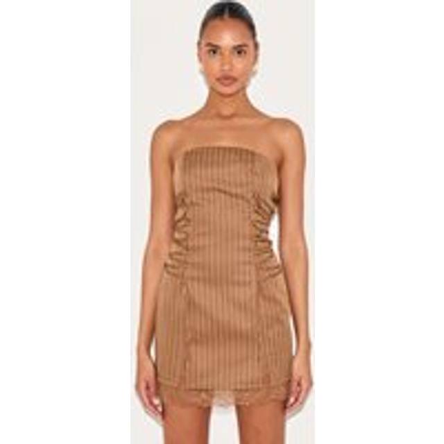 Chocolate Pinstripe Bandeau Lace Trim Shift Dress, Chocolate - 16
