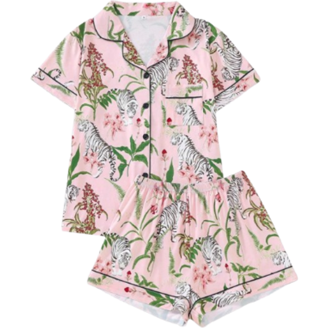 SHEIN Floral & Tiger Printed Women&#39;s Pajama Set, Comfortable Short Sleeve Button-Down Shirt And Loose Elastic Shorts, Casual All-Season Outdoor/Indoor Women