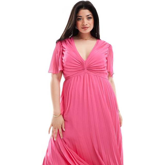 ASOS DESIGN Curve – Chockrosa, plisserad midiklänning med plisserat liv och utsvängda ärmar