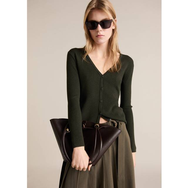 V-neck knitted cardigan khaki - Woman - XS - MANGO - Khaki