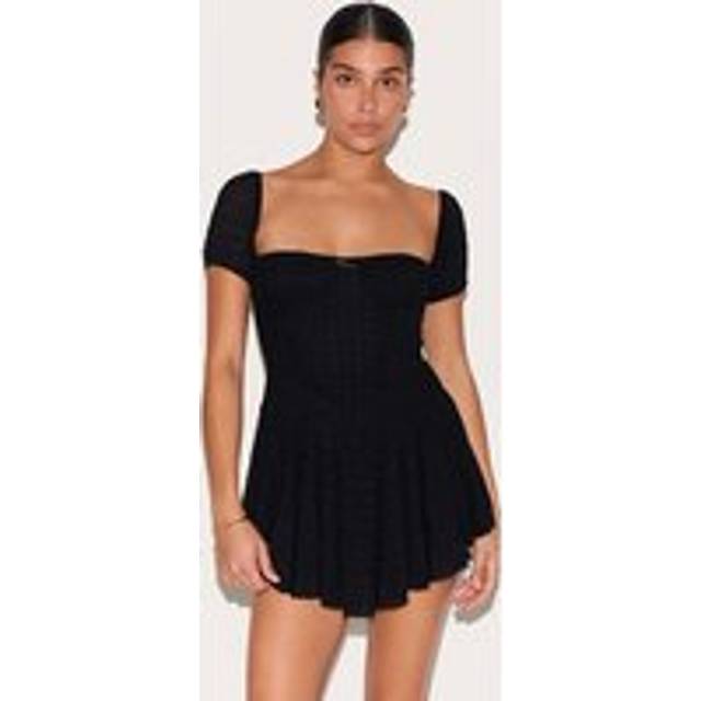 Petite Black Textured Bardot Puff Sleeve Mini Dress, Black - 12