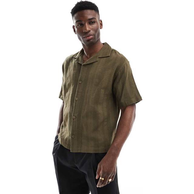 Pull&Bear – Kakifärgad, randig skjorta med struktur-Grön/a