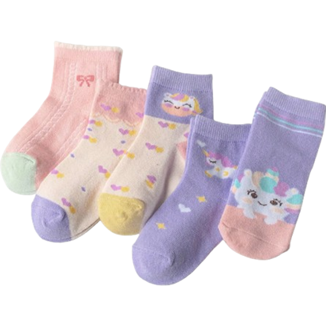 SHEIN 5pairs/Set Spring & Summer Cartoon Unicorn & Heart Pattern Baby Socks For Kids, Suitable For Daily Wearing, Mid-Calf Length