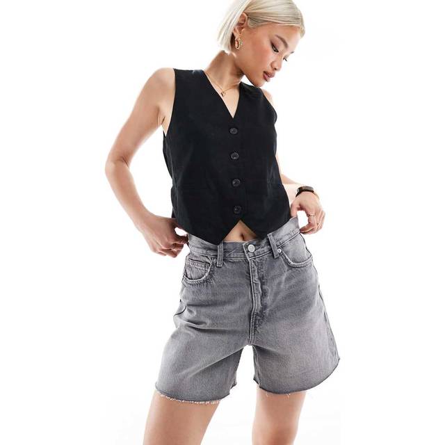 Pull&Bear – Grå jeansshorts i mom-modell med hög midja-Grå/a
