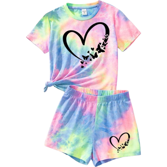Tween Flicka Enkel Hjärtmönster Kort Ärm Topp Och Shorts Set För sommaren - Multifärgad (8Y,9Y,10Y,11Y,12Y)