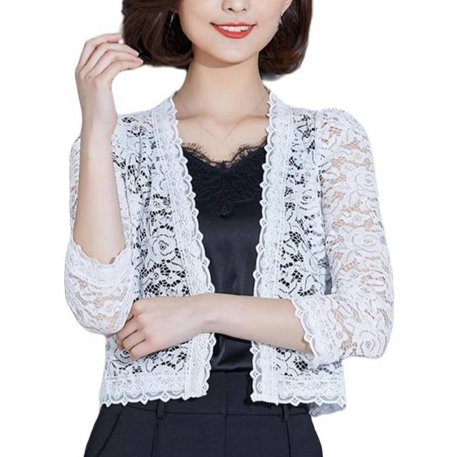 Damväst, svart bolero spets cardigan till dam spetsjacka ledig topp och elegant 3/4 ärm finstickad klänning sommar genombruten sjal genomskinlig kväll bröllop, Vitt och blått, XL