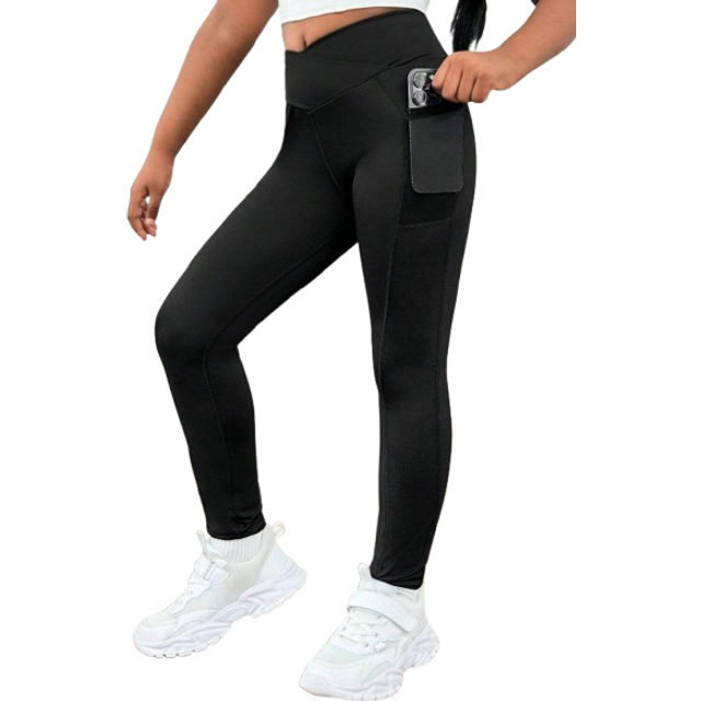 SHEIN Tween Girls Minimalist Comfy Casual Sports Waist Phone Pocket Tight Leggings