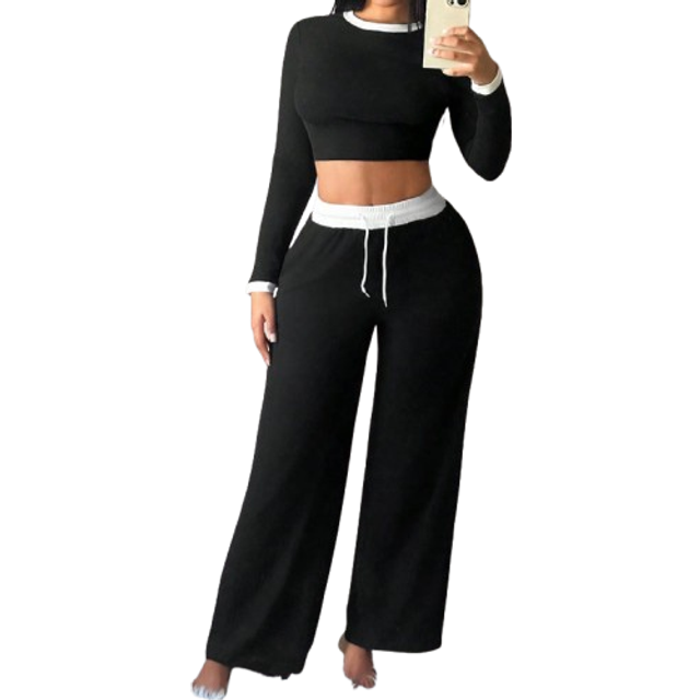SHEIN 2pcs Women&#39;s Fall Contrast Trim Fitted Long Sleeve Top And Pants Set