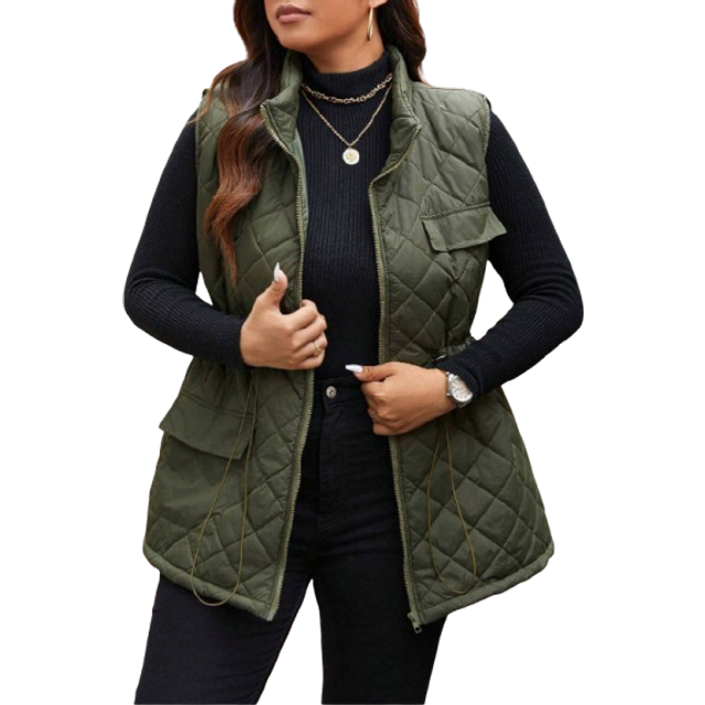 SHEIN Plus Size Women Drawstring Waist Cargo Pocket Casual Quilted Vest Jacket, Winter Clothes Fall Clothes, For Christmas