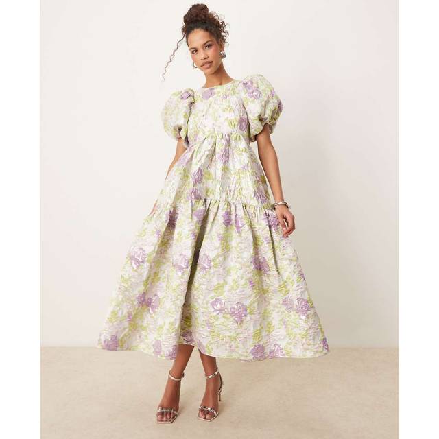 Sister Jane Anamaria Puff Sleeve Floral Jacquard Midi Dress, Lilac