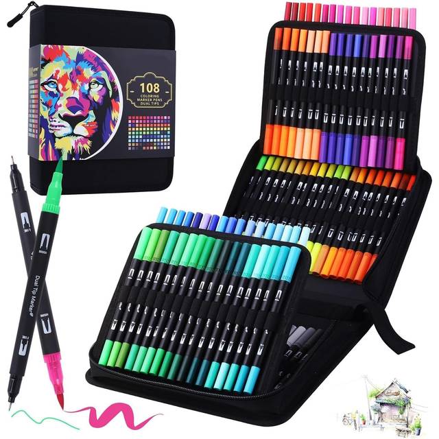 BEMAYSZ 108 Colours Dual Tip Colouring Brush Felt Tip Pens, Pens for Adult Adults and Kids Colouring Books Calligraphy Drawing Painting Sketching