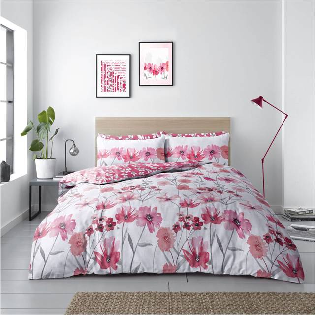 Lions 4 Piece Complete Bedding Set - Red Flower Printed 1x Duvets Cover 2x Pillowcase 1x Bed Sheet, Ultra Soft Reversible Poly Cotton Quilt Covers for