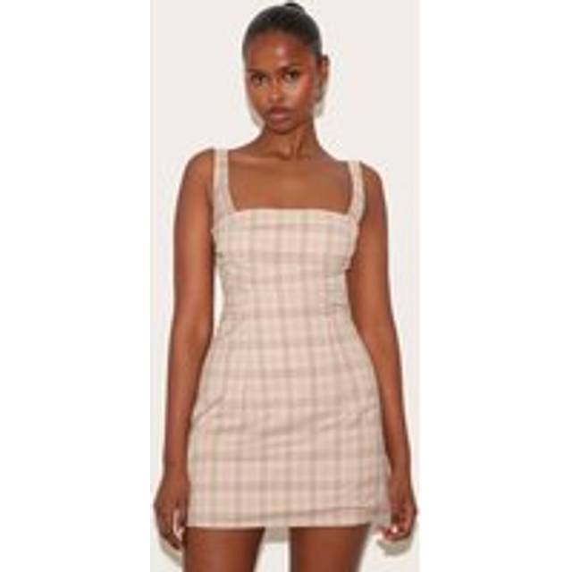 Beige Multi Checked Bodice A-line Dress, Camel - 10