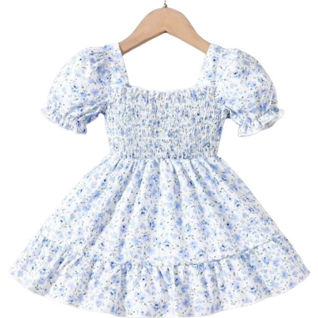 SHEIN Baby Girl Summer Holiday Style Floral Print Square-Neck Short Puff Sleeve Dress With Ruffled Hem
