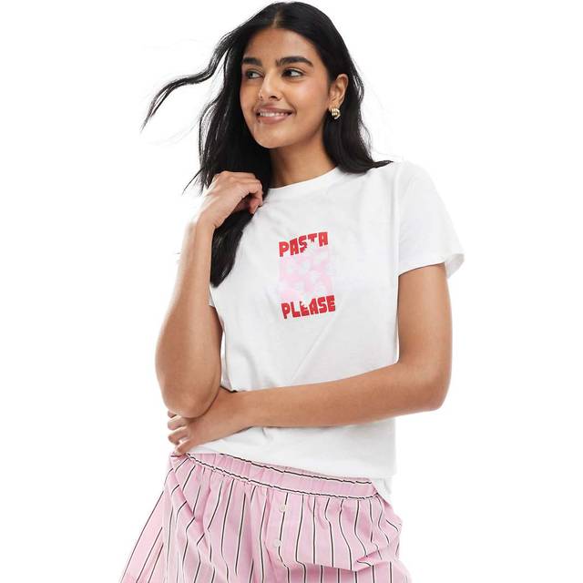New Look Women's White Pasta Please Print T-Shirt - UK 12