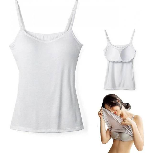 (White, M) 2 In 1 Women's Basic Seamless Camisole Solid Color Spaghetti Straps Slim Fit Cotton,adjustable Spaghetti Straps Tank Top With Built-in Bra