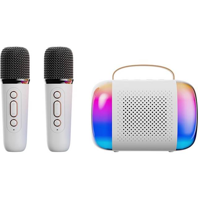 Mini Karaoke Machine Trådlös Mikrofon och Högtalare Set med 2 Mikrofoner Uppladdningsbar LED Färg vit