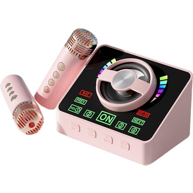 Karaoke Machine Mini Wireless Microphone and Speaker KTV Set with 2 Microphone RGB Light Effects rosa
