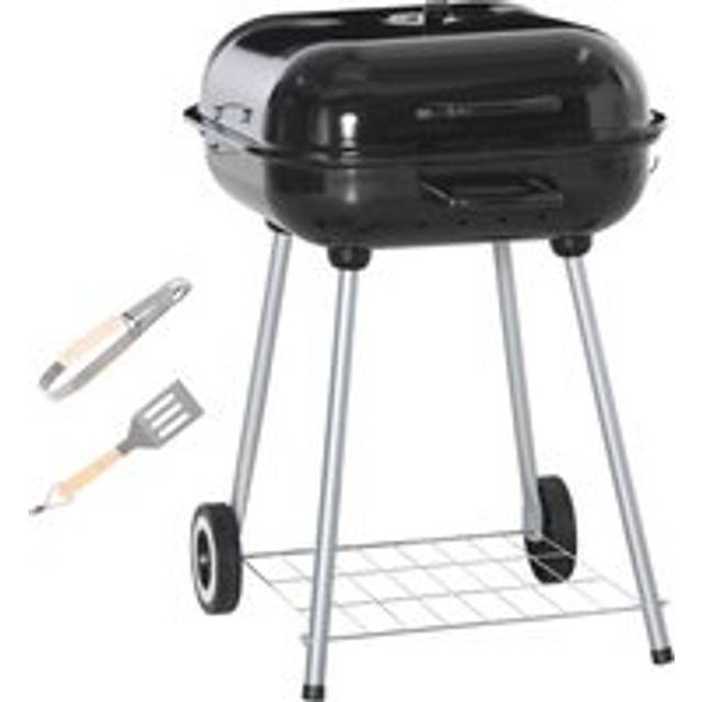 Outsunny Portable BBQ Charcoal Grill with 2 Wheels and Cooking Utensils, Smoker Grill with Lid for Outdoor Barbecues, Camping, Picnic, Courtyard