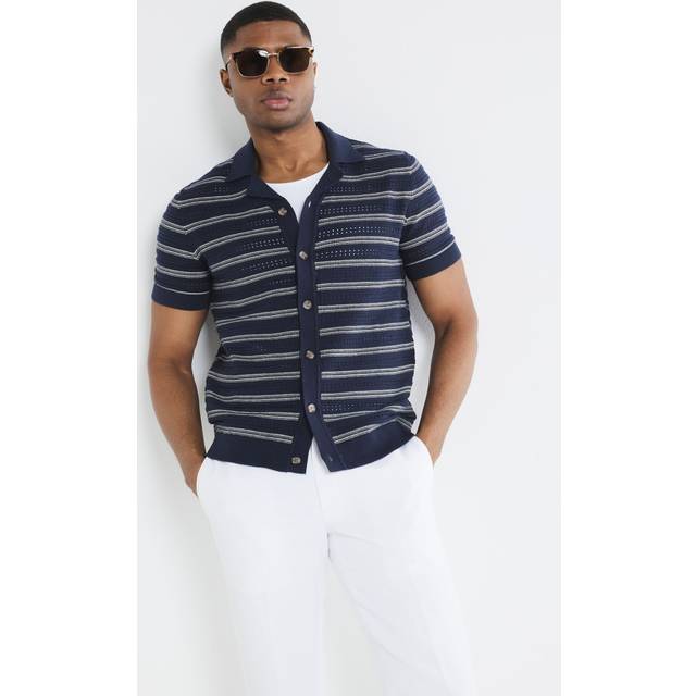 Mens River Island Navy Striped Textured Shirt - L
