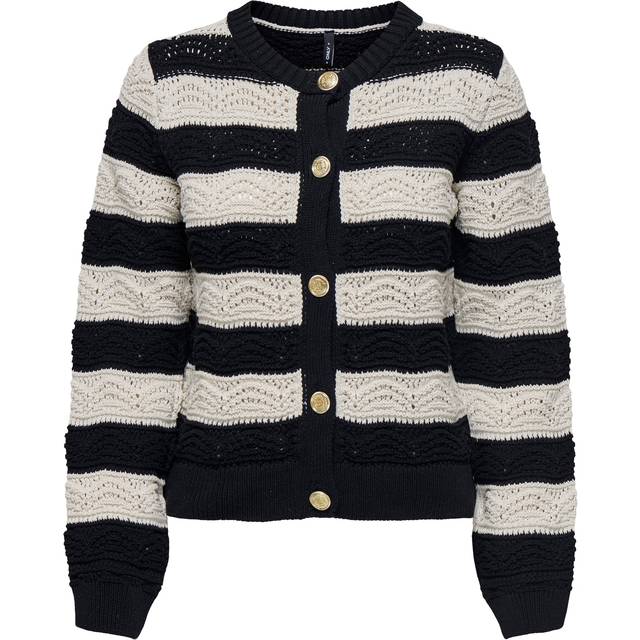 Striped Crew Neck Cardigan - Black/Ecru - XS