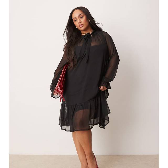 New Look Women's Plus Size Black Pussybow Chiffon Mini Dress Curves - UK 18