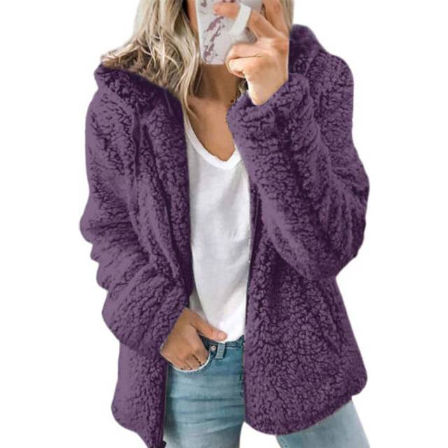 (Purple, 2XL) Womens Teddy Bear Fleece Fluffy Hooded Coat Ladies Hoodies Jacket Zip Up Outwear
