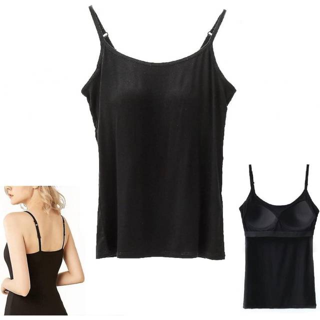 (Black, XL) 2 In 1 Women's Basic Seamless Camisole Solid Color Spaghetti Straps Slim Fit Cotton,adjustable Spaghetti Straps Tank Top With Built-in Bra