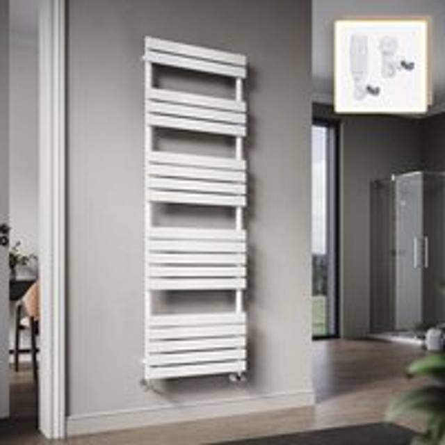 Elegant - 1800 x 600mm Heated Towel Rail White Flat Panel Design Tower Hanger, Modern Bathroom Radiator, Wall Mounted Ladder + White Thermostatic